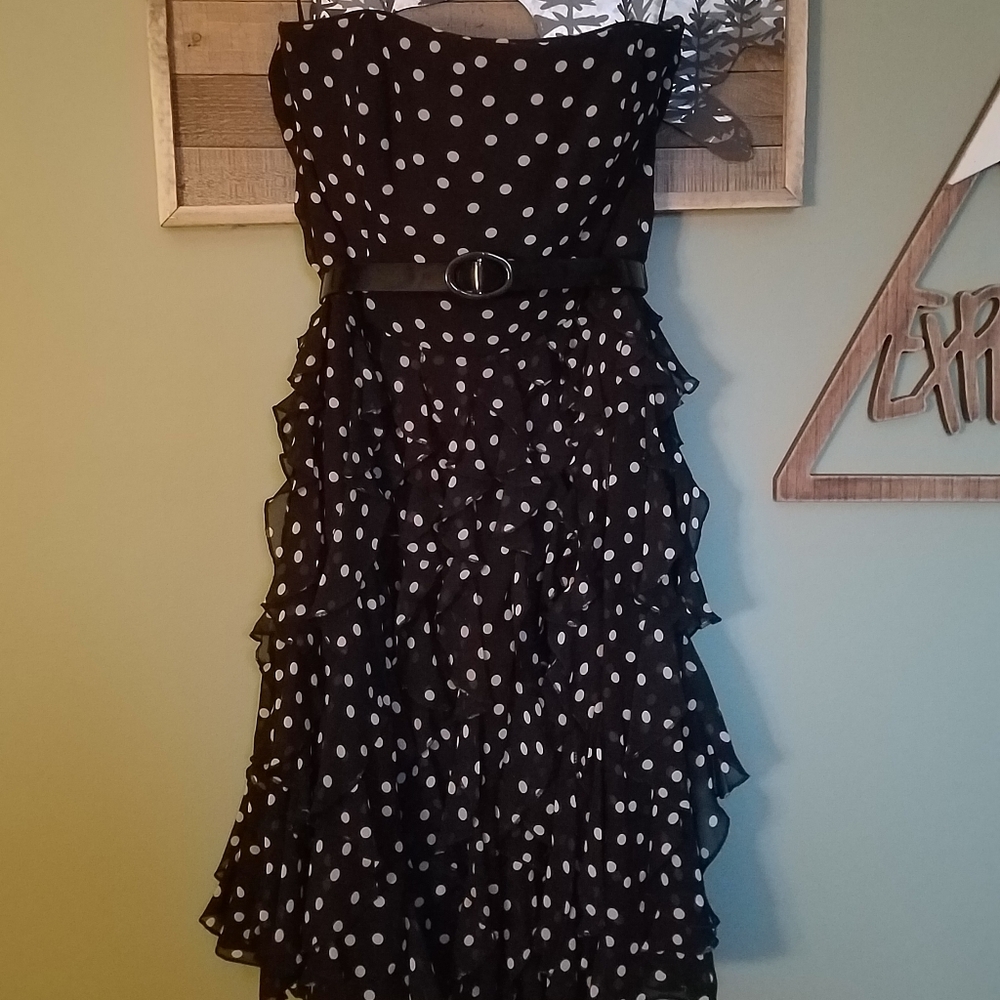 Black & White Polka Dot Strapless Ruffle Dress